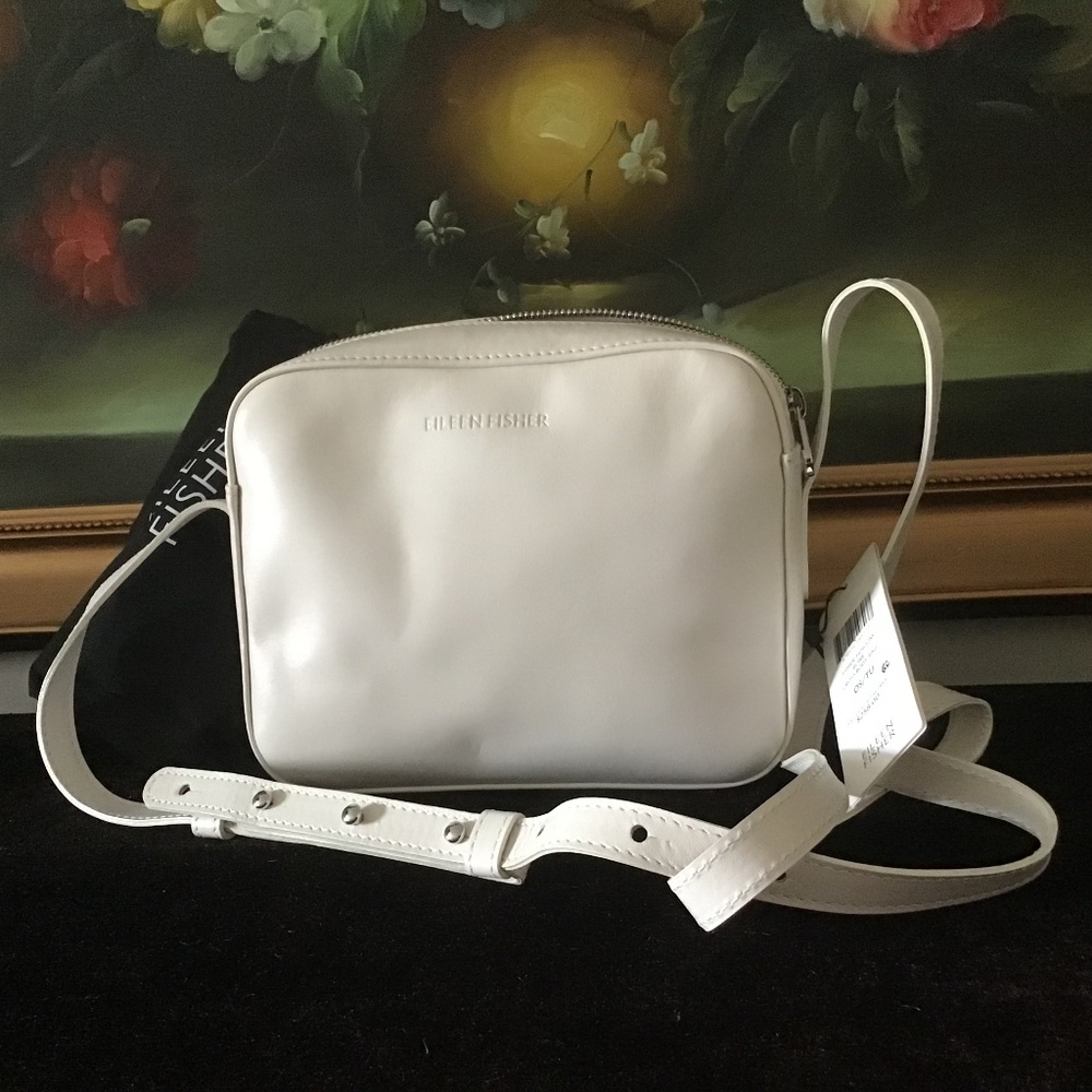 NWT Eileen Fisher SLEEK ITALIAN LEATHER Crossbody Bag with Dust Bag Bone JE